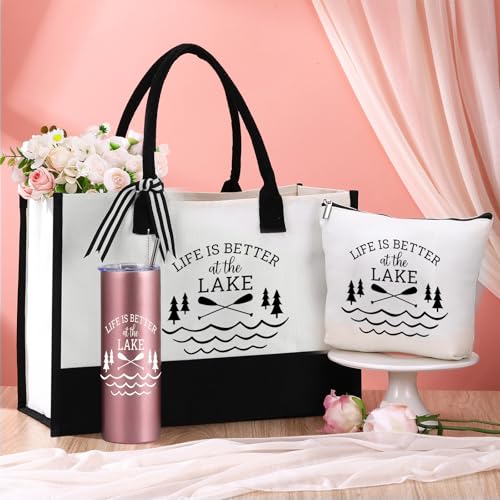 Sieral 3 Pcs Women Beach Lake Gift Set Tote Bag Makeup Bag Tumbler for Christmas4