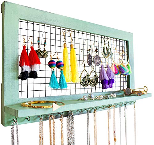 SoCal Buttercup Shabby Chic Wooden Wall Mount Jewelry Organizer - Top Hanging Jewelry Holder for...