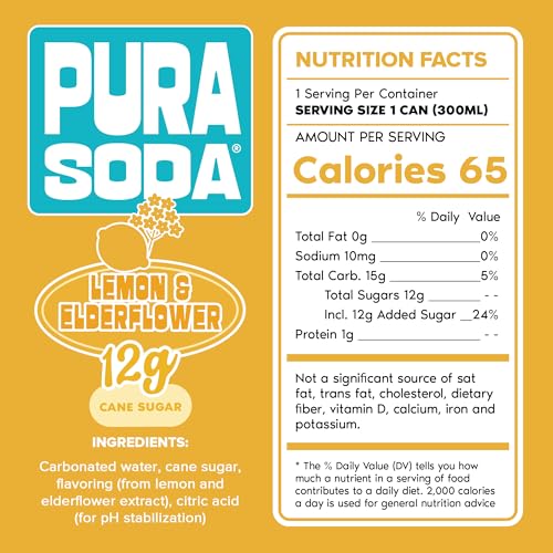 Image of PuraSoda Lemon Elderflower - 12g Pure Cane Sugar Soda, 10 Fl Oz, Pack of 12 | Real Fruit Extract, Non-Gmo Vegan, No Stevia Or Artificial Sweeteners, 12g Cane Sugar, 10 Fl Oz Cans
