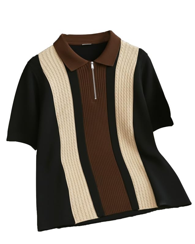 Men's Retro Cable-Knit Quarter-Zip Polo | Premium Textured Self-Design Half Sleeve T-Shirt for Men