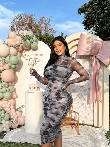 Image of MOEENCN Women's Sexy Long Sleeve Sheer Mesh Midi Bodycon Dress 2 Piece Set
