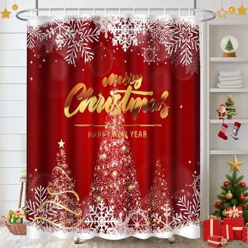 Rideau de douche sapin de Noël vintage et tapis assortis rouge - 6