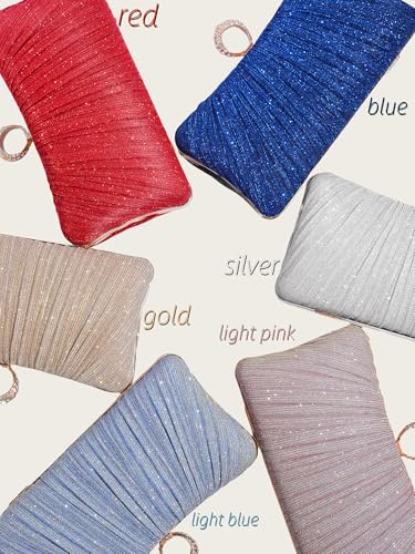 Image of Womens Golden Glitter Clutch Purse Pleated Evening Bag for Bridal Wedding Party with Rhinestone Ring