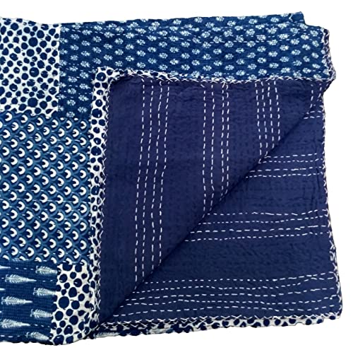 Trade Star Reversible Kantha Quilt Ethnic Cotton Queen Size Bedding Indian Hand Block Indigo Print Ajarak Bedspread Throw for Home Decor (Pattern 11)