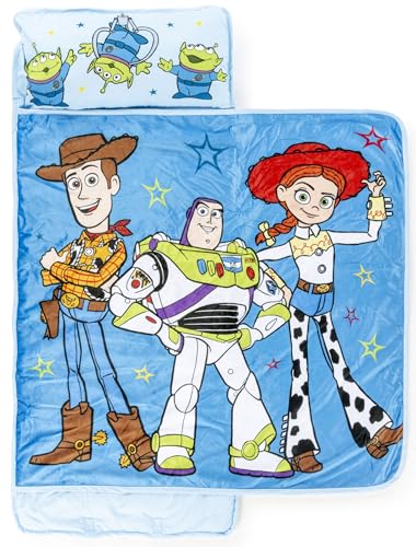 Jay Franco Kids Nap Mat Cartoon Embedded Pillow & Blanket Soft 46x20Microfiber Sleeping Bag with Name Tag & Handle for School Travel Sleepover Blue - Toy Story