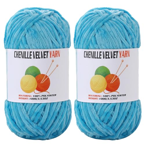 Image of 2 * 100g Velvet Chenille Chunky Yarn, Handcrafts Weaving Soft Chenille Yarn for Crocheting Clearance, Used for Making Baby Yarn Blanket, Clothes, Knitting Creations (Lake Blue)