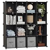 SONGMICS Schuhregal, Regalsystem, Steckregal, Set aus 16 W&uuml;rfeln, DIY Regal, stapelbar, aus PP-Kunststoff, als Garderobe, f&uuml;r Schlafzimmer, B&uuml;ro, 31 x 123 x 123 cm, schwarz LPC44BK