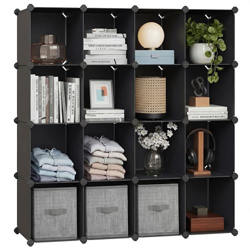SONGMICS Schuhregal, Regalsystem, Steckregal, Set aus 16 Würfeln, DIY Regal, stapelbar, aus PP-Kunststoff, als Garderobe, für Schlafzimmer, Büro, 31 x 123 x 123 cm, schwarz LPC44BK