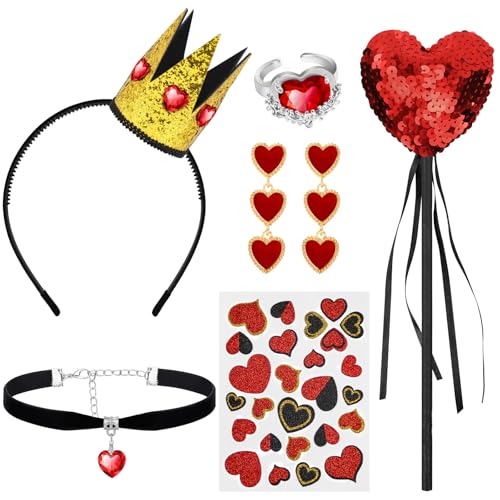 Japior Halloween Heart Queen Costume Accessories Hearts Crown Headband Scepter Wand Red Heart Ring Necklace Earrings Glitter Tattoo Stickers Set for Adult Women Halloween Party Cosplay Set