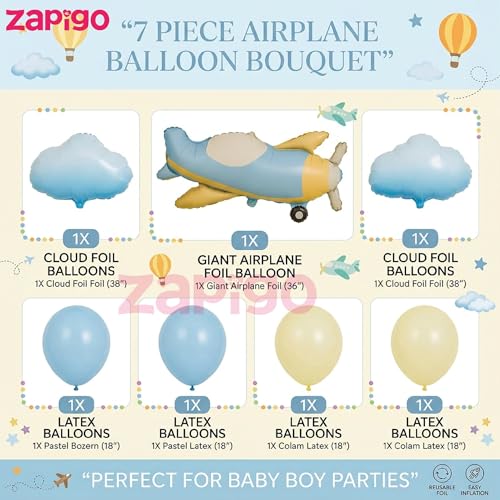 Image of Balloonistics Aeroplane & Clouds 1st Birthday Balloon Bouquet | Baby Girl 1st Birthday Party Decoration | Pink Cloud Aeroplane Party Balloon Set | Pack of 7
