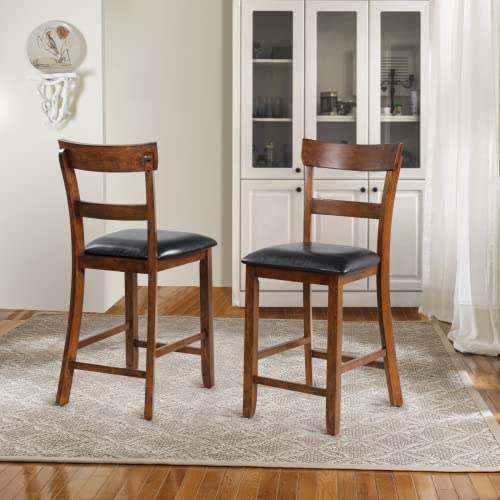Nafort Upholstered Counter Height Bar Stools Set Of 4, Farmhouse 25.5” Solid Wood High Dining Chairs With Cusion, Counter Stools W/Back For Kitchen, Restaurant, Bar, Rubber Wood Legs & Black Leather #TOP1