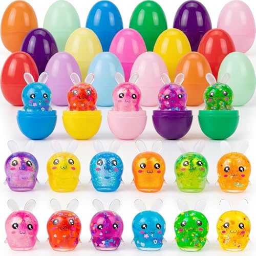 Howzcci 12 Pack Easter Bunny Stress Balls Toys Squishy Squeeze Toys Easter Basket Stuffers with 12 PCS Plastic Easter Eggs for Kids Girls Boys Party Favors Gifts