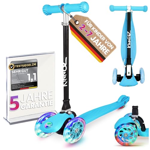 kinnaz ONE, más de 100.000 scooters vendidos para niños de 3 años, patinete de 2 a 7 años, patinete para niños de 4 años, ruedas LED, plegable, altura ajustable, tagkeeper, empresa hamburguesa, azul
