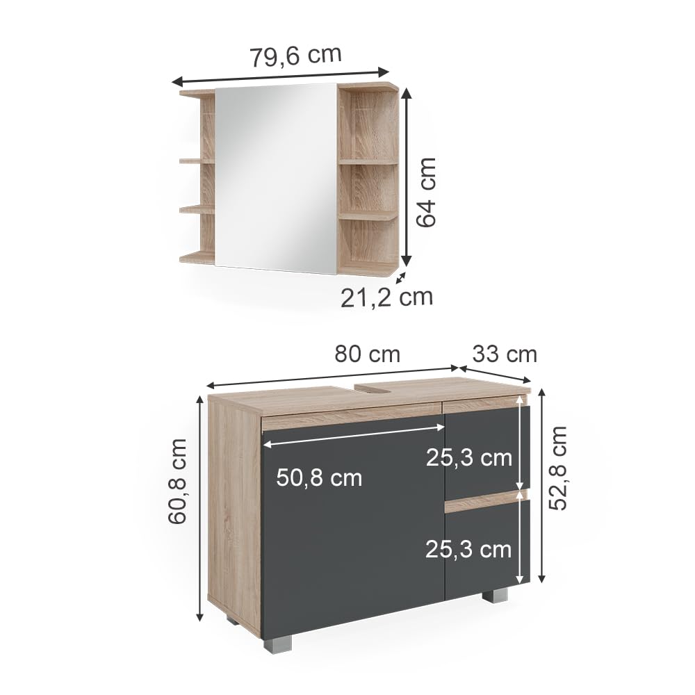 Vicco Set mobili bagno J-Shape, Sonoma, 80 cm, composto da specchio da bagno e mobile sottolavabo