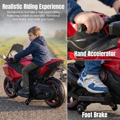 Image of Baybee BoltX Electric Bike for Kids 3+ Years | Baby Rechargeable Battery Bike with Training Wheels, Hand Accelerator, Foot Brake, Led Lights & Music | Battery Operated Bike for Kids to Drive (Red)