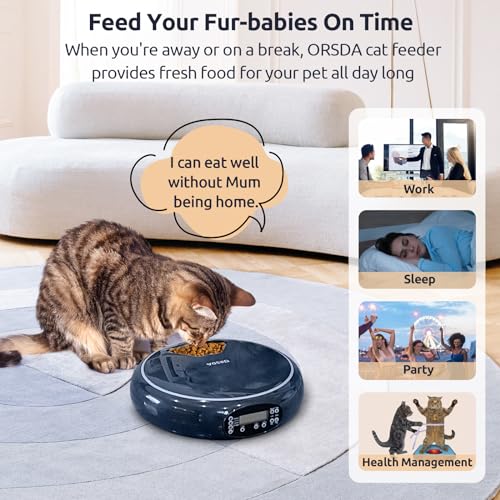 ORSDA Automatic Cat Feeder Wet Food/Dry Food, 5 Meal Timed Pet Feeder with Timer Programmable & Voice Recorder, Dual Power Supply Auto Feeder for Cats/Small Dogs - Thumbnail 3