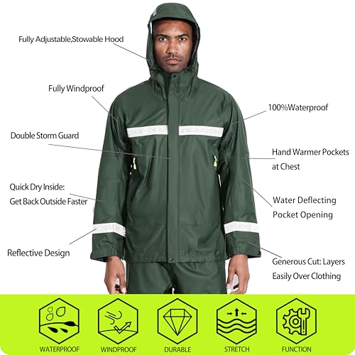 PRO Rain Suit-Waterproof Reflective Jacket & Elastic Pants Combo,Lightweight Breathable Foul Weather Gear4