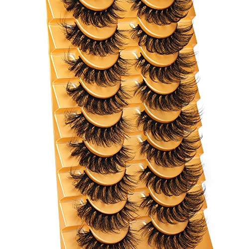 Geeneiya Mink Lashes Fluffy Natural False Eyelashes Wispy 15mm Curly Cat Eye Lashes Pack Short to Long Eyelashes Extension Look （10 Pairs）