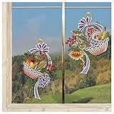 DSD Design-Studio Drechsler Fensterbild Herbstkörbchen mit Fliegenpilz Plauener Spitze 2er Set Fensterdeko Stickerei Herbst