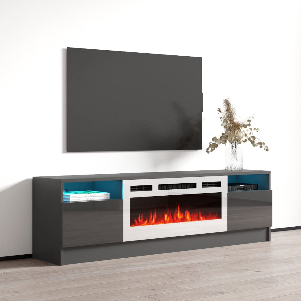 Meble Furniture Duke 01 WH-EF Electric Fireplace TV Stand - Modern High Gloss TV Stand with Storage Cabinets - Central Entertainment Center Console Table for TVs up to 70