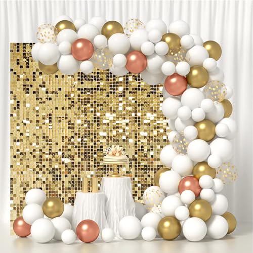 Image of 4 FT x 6 FT Light Gold Shimmer Wall Backdrop,Shiny Sequins,24PCS Sequins Backdrop Decoration Panels, Glitter Bling Photo Background Decorations for Birthday Party Wedding Anniversary Graduation