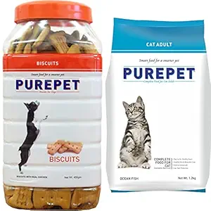 Purepet Chicken Flavour, Real Chicken Biscuit, Dog Treats- Jar, 455g & Purepet Ocean Fish Adult Dry Cat Food, 1.2kg