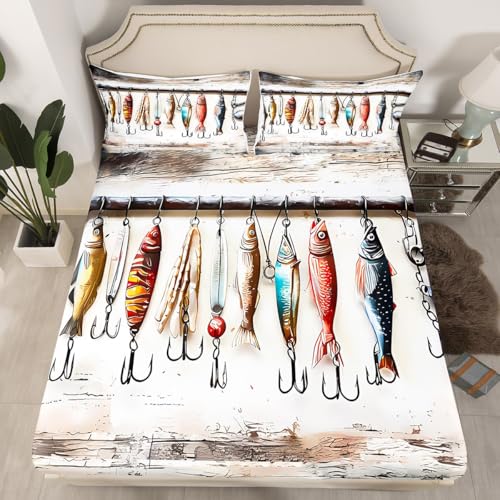 Feelyou Kids Fish Hook Bed Sheet Set Queen Size, Bass Fish Fitted Sheet Rustic Lake Fishing Bedding Set Boys Girls Farmhouse Teens Bedroom Decor Lightweight Bed Set (No Flat Sheet)