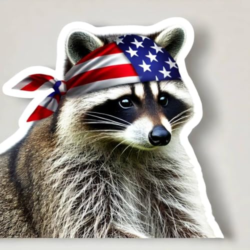Image of Raccoon Bandana Sticker - 4 Inch Funny Patriotic Vinyl Decal for Car Bumper, Laptop, Cooler, Yeti Cup - American Flag Headband Raccoon Waterproof Sticker for Adults, Toolbox, Wall