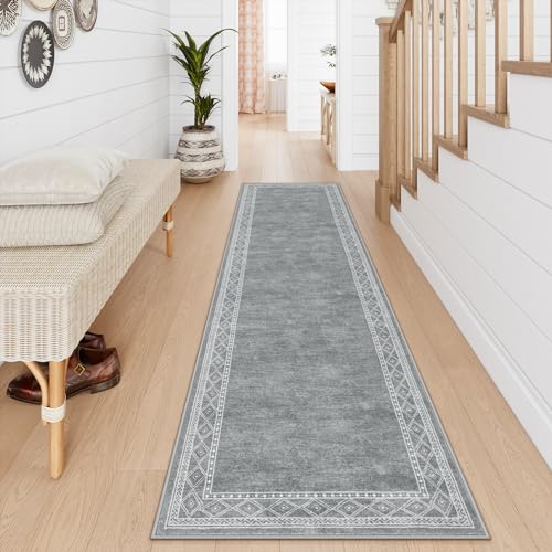 Image of Lahome Modern Bordered Washable Runners for Hallways, 2.5x8 Kitchen Runner Rug Non Slip, Ultra-Thin Soft Hallway Rug for Bedroom Entryway Bathroom Laundry (2.5'x8',Grey)