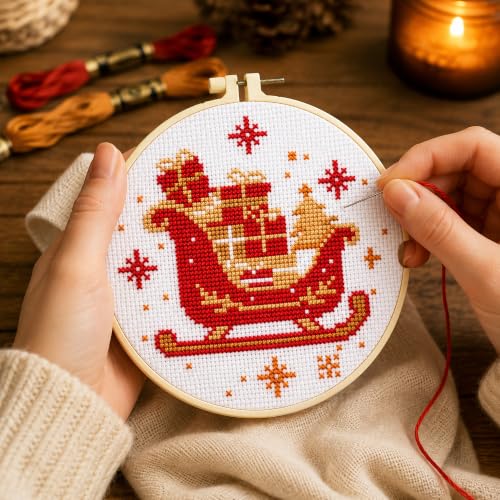 Image of Zhenqing Stamped Cross Stitch Kits for Adults Beginners, Christmas Cross Stitch Kit, 3 Pack Holiday Needlepoint Craft Set with Printed Pattern Fabric, Christmas Tree, Sleigh and Wreath Designs
