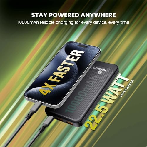 Image of Kratos PowerBank 10000 mAh 22.5W Fast Charging, 3 Output - Dual USB & Type C Output, USB Type C Connector,PD, BIS Certified, Made in India, Power Bank Compatible for Smartphones &Tablets, Black