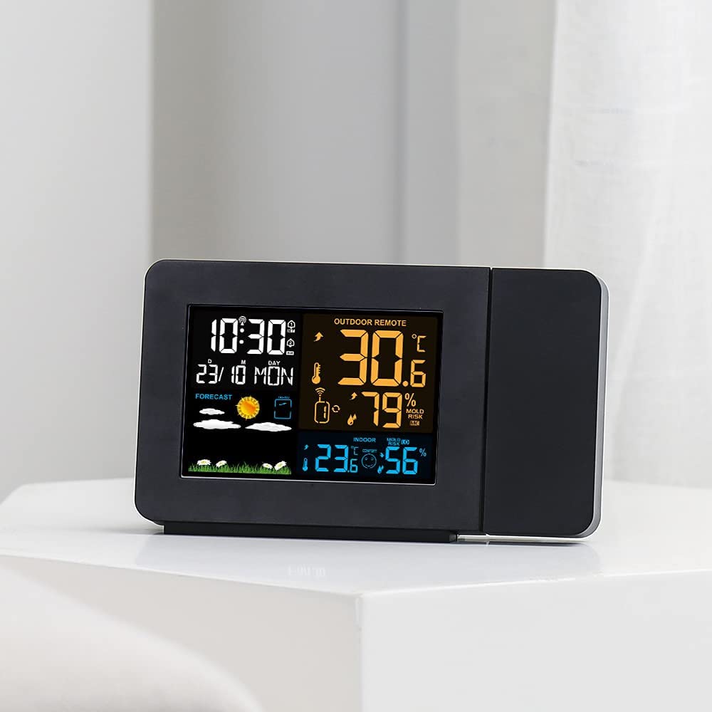 Station Météo Thermomètre Hygromètre sans Fil avec capteur, Horloge météo à Projection, thermomètre intérieur/extérieur avec Contrôle de Radio RCC, Réveil Doubles