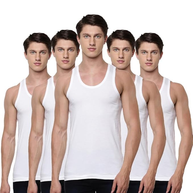 Ramraj Men's Cotton Pack of 5 Solid Sleeveless Round Neck with Extended Length for Easy Tuck