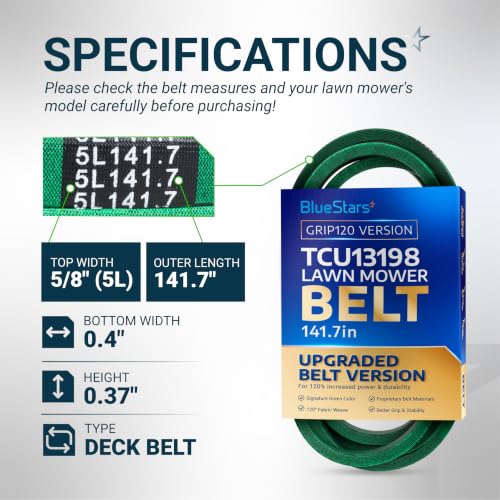Image of [Upgraded Grip120] BlueStars TCU13198 Deck Belt | Aramid Cord | 5 /8 x 141.7 | Deck Belt for John Deere 60 inch ZTrak 737 757 777 797 Zero Turn Mowers, Heavy Duty Mower Blade Belt Replacement