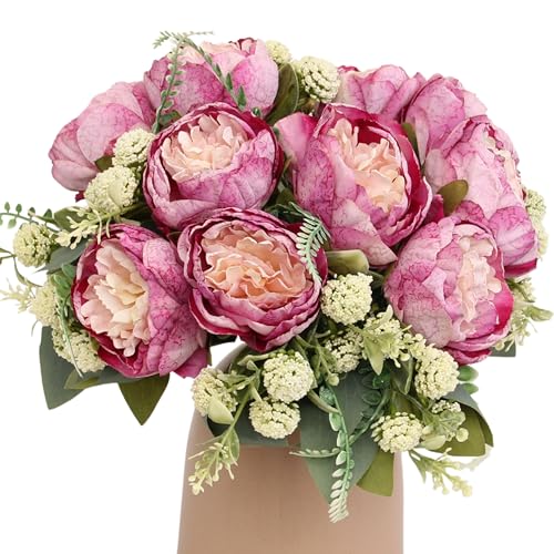 KP HOME Mazzo di Peonie Artificiali in Seta Tocco Reale - Fiori Finti Per Decorazioni con 12 Capolini Viola, Steli H 28 cm - Composizione per Interni ed Esterni, Tavola, Matrimoni, Eventi o Cimitero