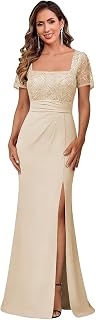 Elegant Mother of The Bride Dress Lace Applique Short Sleeve Formal Evening Gown with Side Slit for Wedding Guest