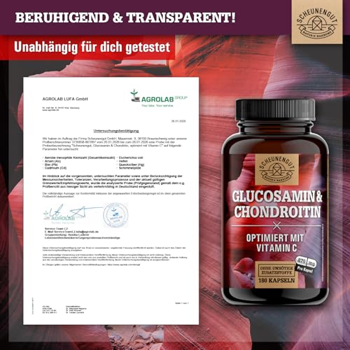 Glucosamin Chondroitin Hochdosiert -2630mg pro Tagesdosis- mit Vitamin C für eine normale Kollagenbildung* für Knochen & Knorpelfunktion -Hochdosiert- Laborgeprüft DE SCHEUNENGUT®