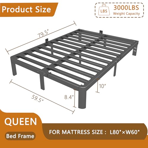 Image of 10 Inch Bed Frame Queen Size with Metal Gaskets, Heavy Duty Queen Platform Bed Frame No Box Spring Needed, DIY Headboard, Anti-Slip Mattress Stopper, Round Corner Leg, Easy Assembly, Black