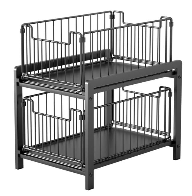 OHMG Organizer für Schränke, Aufbewahrungsbox, unter der Spüle, 2 Ebenen, ausziehbar, mit 2 Schubladen, Gewürzhalter für Küchentheke, Organizer für Badezimmer, Küche, Büro