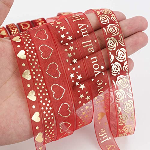 Meedee Valentine Ribbon For Gift Wrapping 6 Rolls 30 Yards Valentine's Day Ribbon Heart Ribbon Red Organza Ribbon Gold Foil Sheer Ribbon Happy Valentines Day Ribbon Thin Ribbon For Gift Wrapping #TOP3