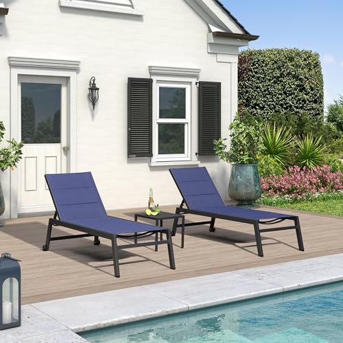 Image of PURPLE LEAF Extra Large Outdoor Chaise Lounge 4 Pieces Aluminum Patio Lounge Chair with Wheels Reclining Chair for Patio Pool Beach Sunbathing Navy Blue Oversized Lounger