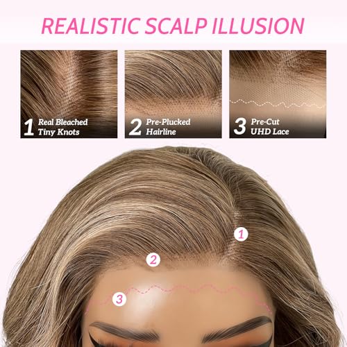 Image of 13x4 Lace Front Body Wave Wigs Human Hair Ash Blonde Balayage Wigs Human Hair for Women Brown Hair with Blonde Highlight Wig Human Hair Brunette Hair with Blonde Highlights Wig 200% Density 24 Inch