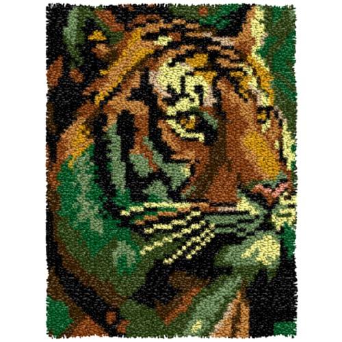 Image of LUBOT Tiger Latch Hook Kits for Adults Rug Pillow Cover with Printed Canvas Pattern Crochet Kit for Beginners 21 inch X 15 inch