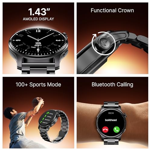 Image of Boat Ultima Prime smartwatch with 1.43 inch AMOLED Display, AOD, Personalized Fitness Nudges, Functional Crown,100+ Sports Modes, Create Your Own Watchface, smartwatch for Man and Woman (Steel Black)