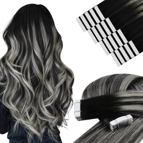 Image of YoungSee Balayage Tape Hair Extensions Real Human Hair Black Tape in Hair Extensions Ombre Black to Silver Lightweight Hair Extension Tape for Women Silky Straight Hair 18 Inch 50g 20pcs
