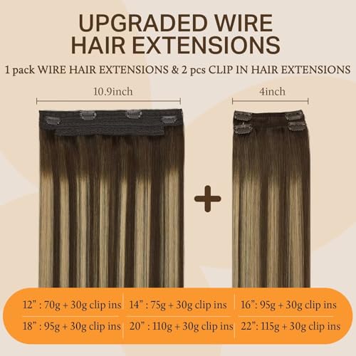 Image of DOORES Wire Hair Extensions, Balayage Chocolate Brown to Caramel Blonde 20 Inch 110g Fish Line Weft Extensions and 2pcs 30g Clip ins, 100g Invisible Wire Real Human Weft Seamless Hairpiece