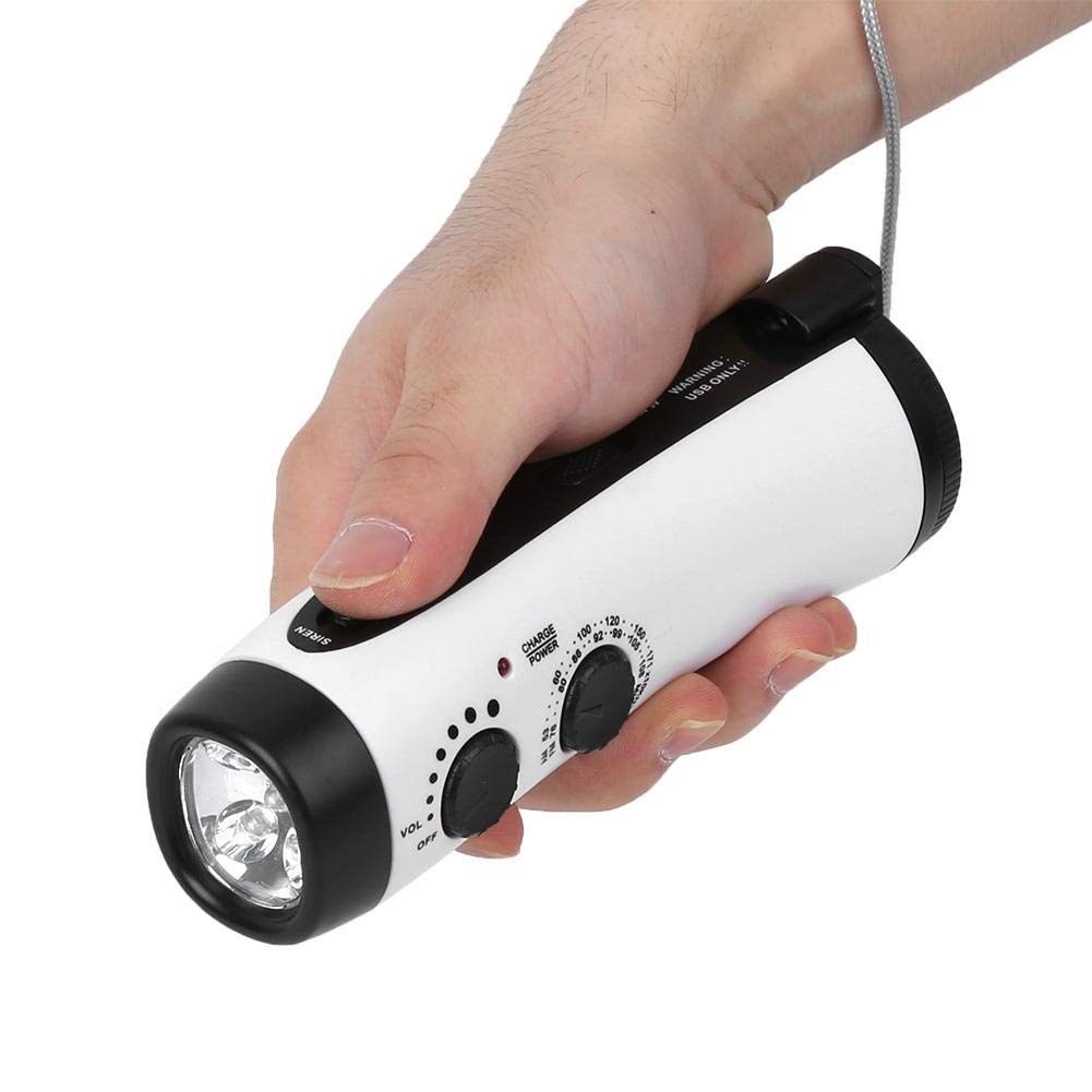 Torcia ricaricabile con energia solare e manovella, manovella esterna in plastica Torcia multifunzione Radio di emergenza LED Torcia Ricarica del telefono cellulare(bianca)