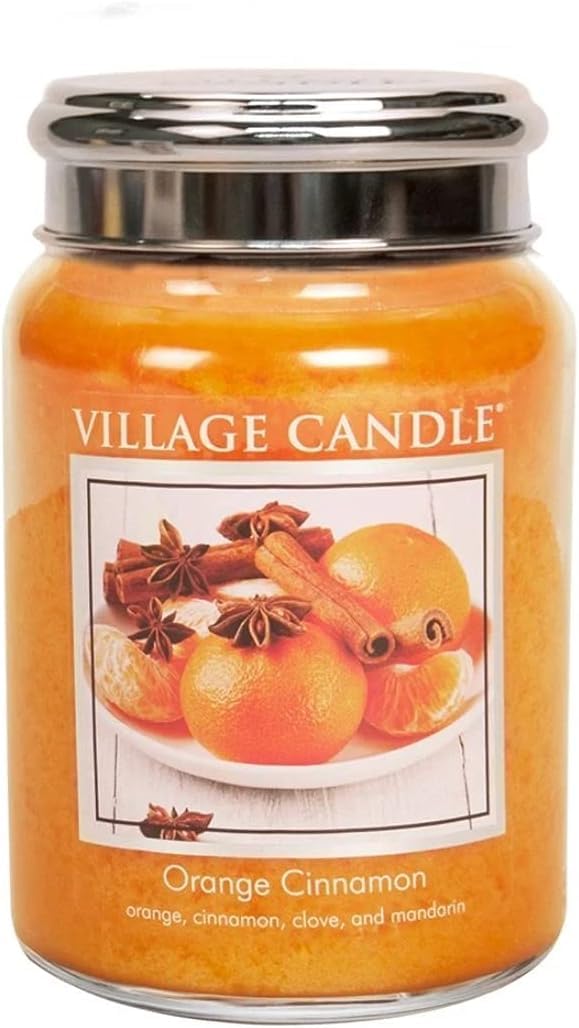 Village Candle - Candela Profumata Orange Cinnamon – Candela Profumata Arancia & Cannella, Vetro con 2 Stoppini, Fragranza Agrumata e Speziata per Casa