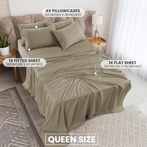 LUX Décor Queen Sheet Set - 4 Piece Ultra-Soft Microfiber Bed Sheets with Flat Sheet, 16 Inches Deep Pocket Fitted Sheet & Pillowcases, Cooling & Breathable, Hotel Luxury, Oeko-TEX - Beige