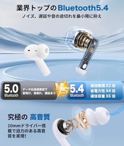 イヤホン bluetooth ワイヤレスイヤホン【2025年新登場】HI-FI音質 ノイズリダクション搭載 IPX7防水Bluetooth5.4 タッチ操作 自動ペアリング 最大30時間再生 iPhone/Android 対応 小型 軽量 WEB会議/通勤/通学/ゲーム/スポーツ用